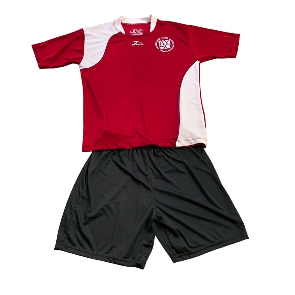 AYSO 2 Piece Futbol Soccer Uniform Youth Large Burgundy Black #9 Costume